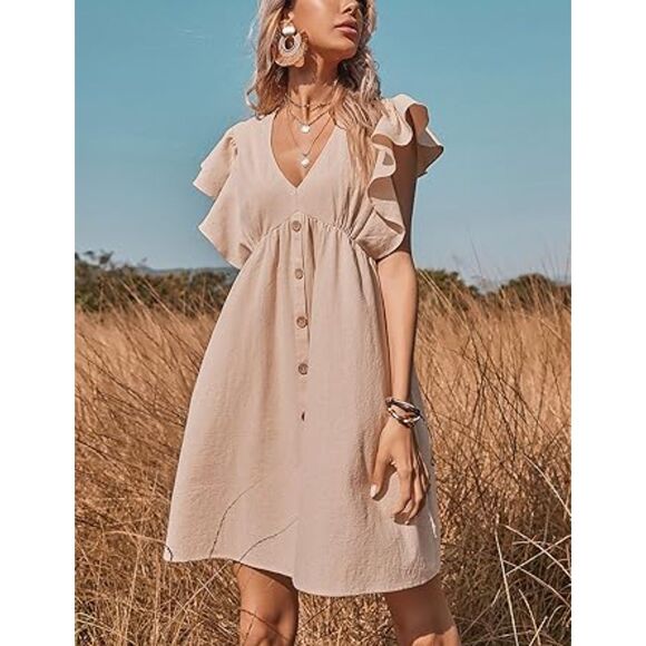 Ruffle Sleeve V Neck High Waist Button Down Babydoll Tunic Dress Size Medium - Picture 2 of 11